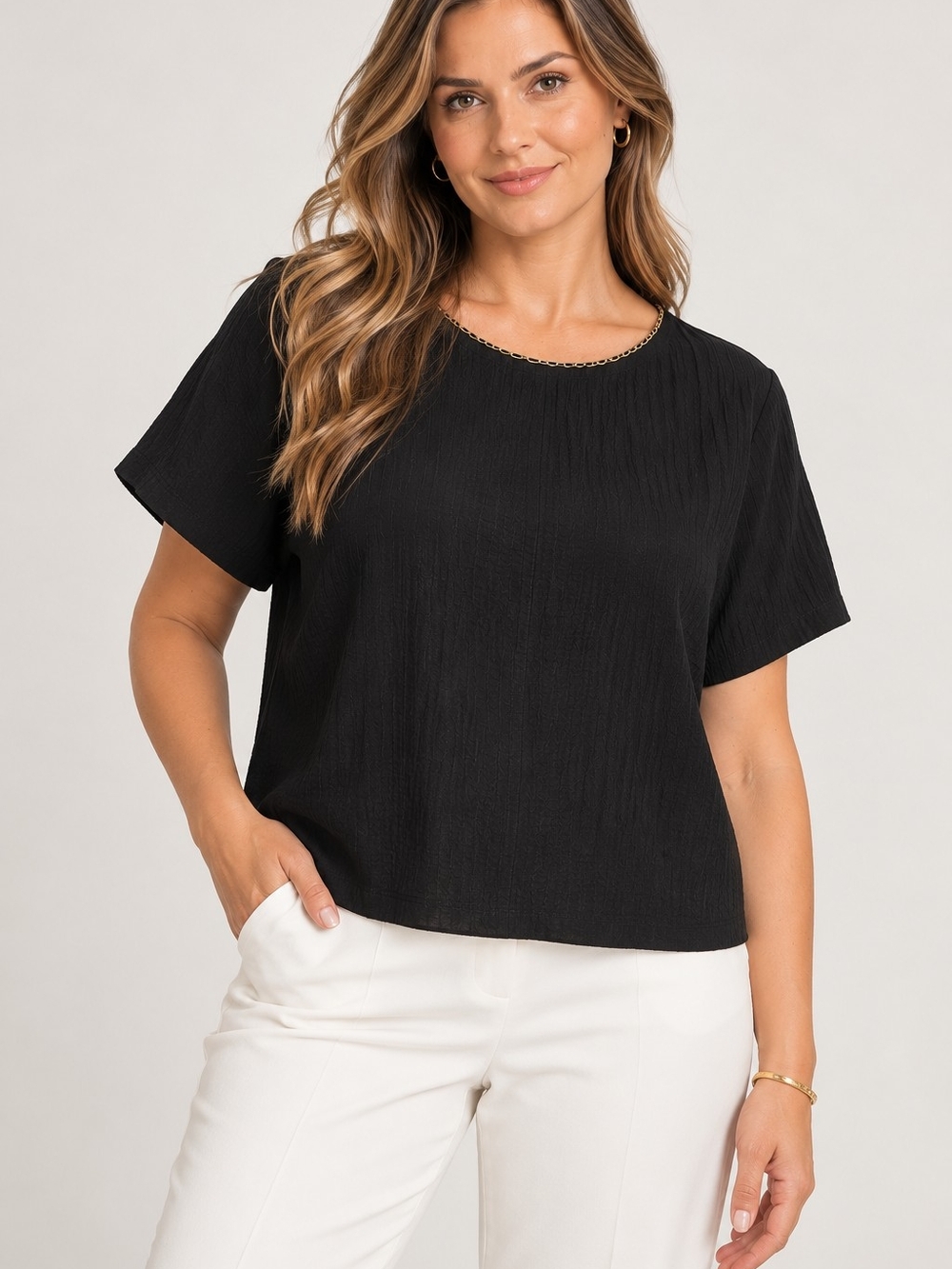 Michael Kors Black Short-Sleeve Textured Blouse with Gold Chain Trim